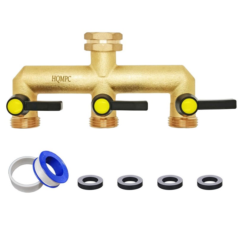 HQMPC Hose Splitter Garden Hose 3 Way Valve Hose Splitter Brass Hose Splitter With Solid Long Handle Brass Valve Water Waer Hose Spigot Splitter 3 Way Valve 3/4"" GHT Thread - Image 1